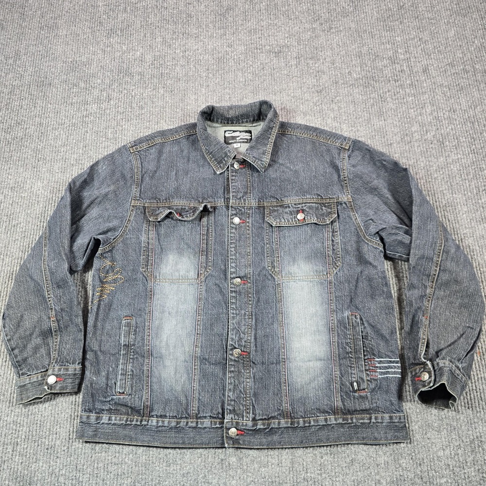 Culture Jeans Jacket Mens XL Black Denim Bomber Button Front Embroidered Pockets